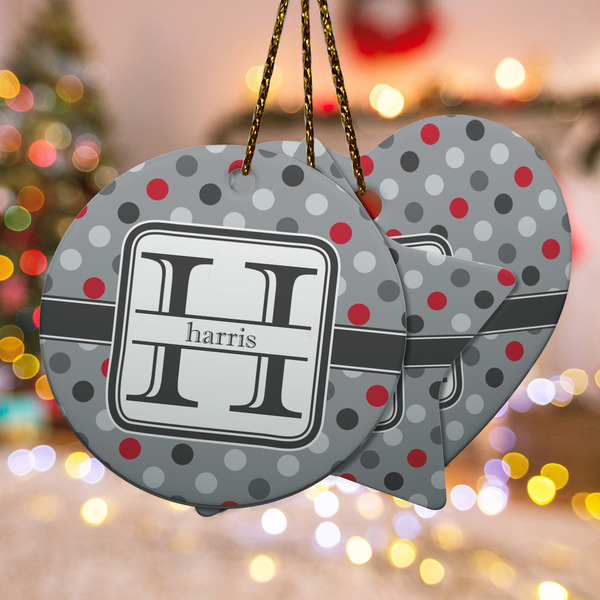 Custom Red & Gray Polka Dots Ceramic Ornament w/ Name and Initial