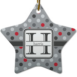 Red & Gray Polka Dots Star Ceramic Ornament w/ Name and Initial