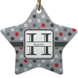 Red & Gray Polka Dots Star Ceramic Ornament w/ Name and Initial