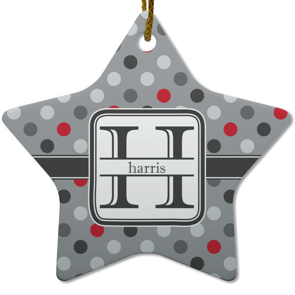 Custom Red & Gray Polka Dots Star Ceramic Ornament w/ Name and Initial
