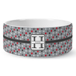 Red & Gray Polka Dots Ceramic Dog Bowl (Personalized)