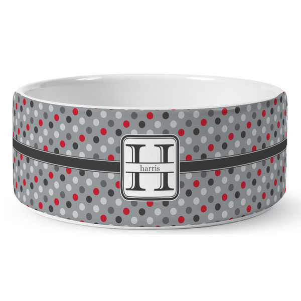 Custom Red & Gray Polka Dots Ceramic Dog Bowl - Medium (Personalized)