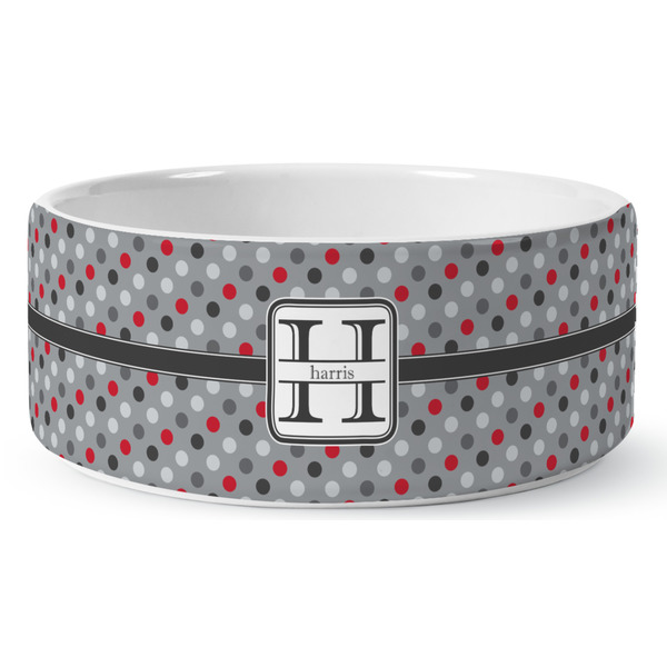 Custom Red & Gray Polka Dots Ceramic Dog Bowl - Large (Personalized)