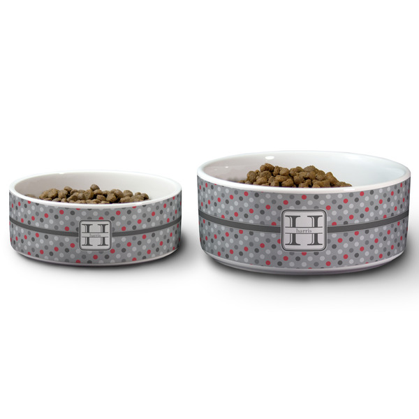 Red & Gray Polka Dots Ceramic Dog Bowls - Size Comparison