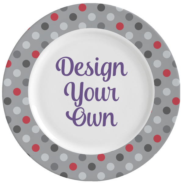 Custom Red & Gray Polka Dots Ceramic Dinner Plates (Set of 4) (Personalized)