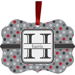 Red & Gray Polka Dots Metal Frame Ornament - Double Sided w/ Name and Initial