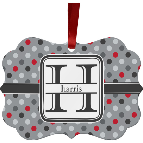 Custom Red & Gray Polka Dots Metal Frame Ornament - Double Sided w/ Name and Initial
