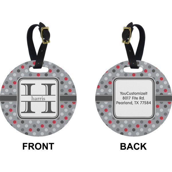 Red & Gray Polka Dots Circle Luggage Tag (Front + Back)