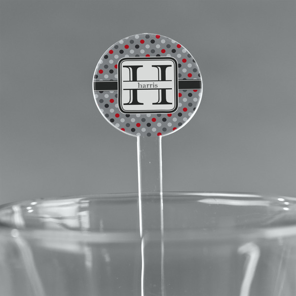 Custom Red & Gray Polka Dots 5.5" Round Plastic Stir Sticks - Clear (Personalized)
