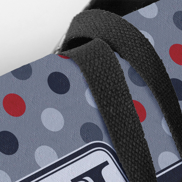 Red & Gray Polka Dots Closeup of Tote w/Black Handles