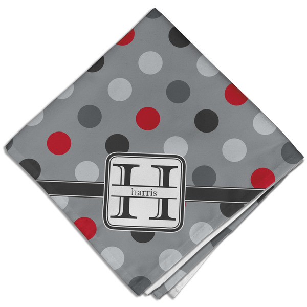 Custom Red & Gray Polka Dots Cloth Dinner Napkin - Single w/ Name and Initial