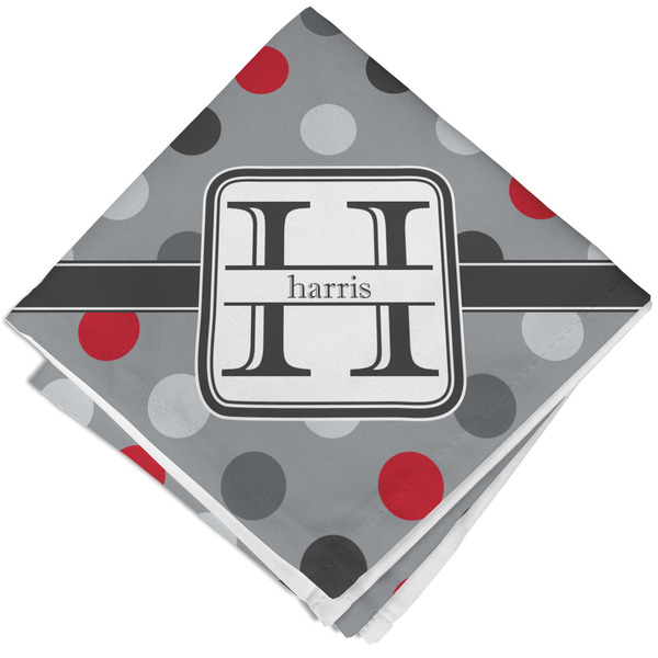 Custom Red & Gray Polka Dots Cloth Cocktail Napkin - Single w/ Name and Initial