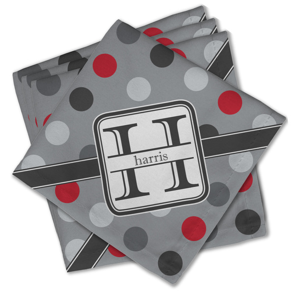 Custom Red & Gray Polka Dots Cloth Cocktail Napkins - Set of 4 w/ Name and Initial