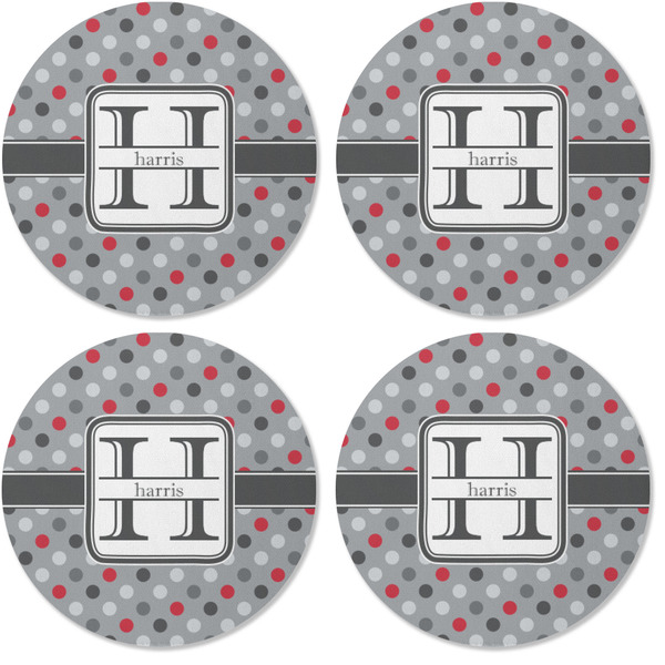 Red & Gray Polka Dots Coaster Round Rubber Back - Apvl