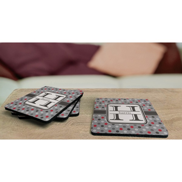Red & Gray Polka Dots Coaster Rubber Back - On Coffee Table