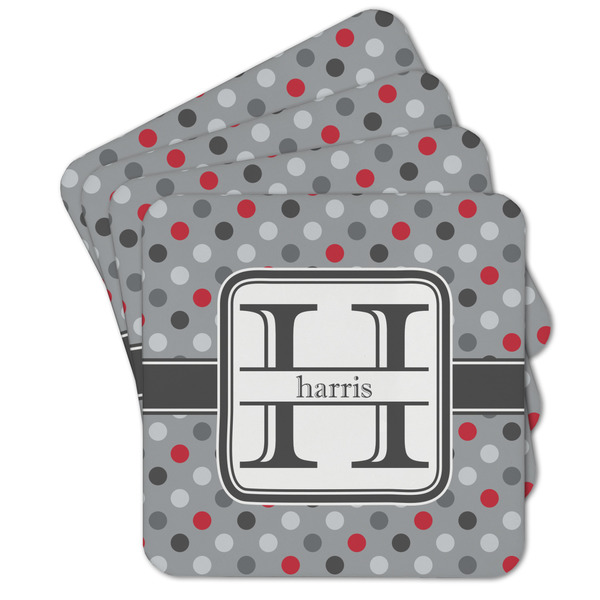 Custom Red & Gray Polka Dots Cork Coaster - Set of 4 w/ Name and Initial