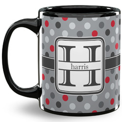 Red & Gray Polka Dots 11 Oz Coffee Mug - Black (Personalized)