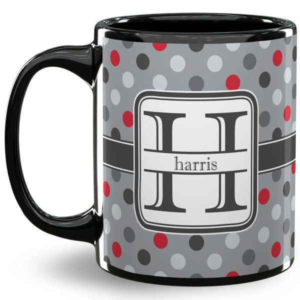 Custom Red & Gray Polka Dots 11 Oz Coffee Mug - Black (Personalized)