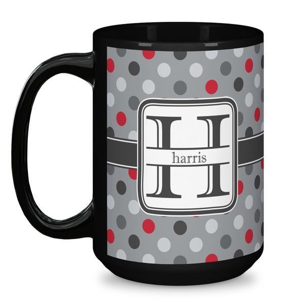 Red & Gray Polka Dots Coffee Mug - 15 oz - Black