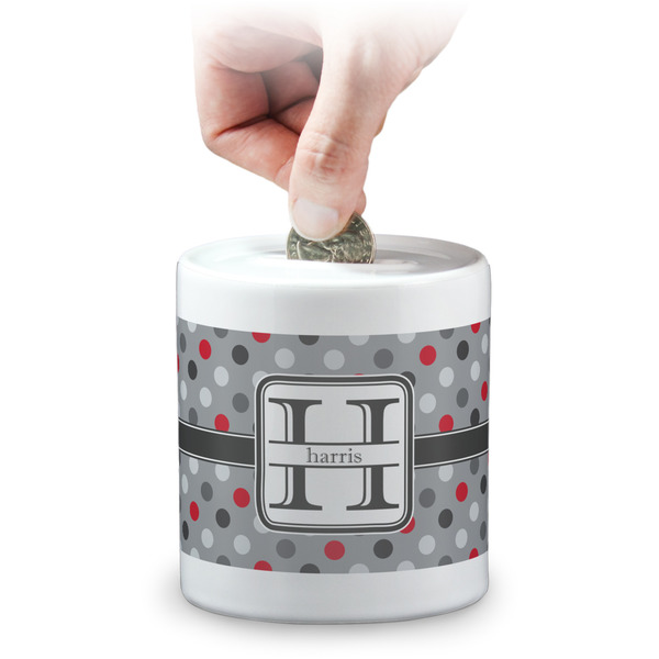 Custom Red & Gray Polka Dots Coin Bank (Personalized)