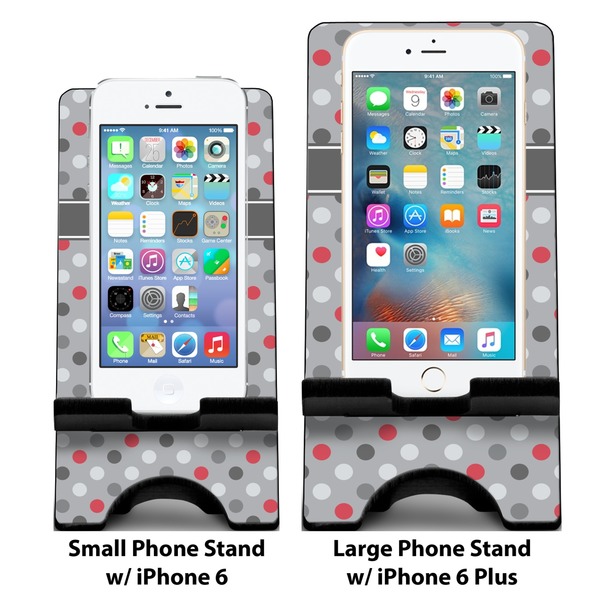 Red & Gray Polka Dots Compare Phone Stand Sizes - with iPhones