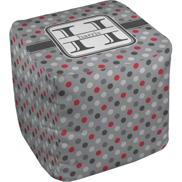 Custom Red & Gray Polka Dots Cube Pouf Ottoman (Personalized)
