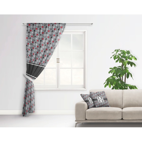 Red & Gray Polka Dots Curtain With Window and Rod - in Room Matching Pillow