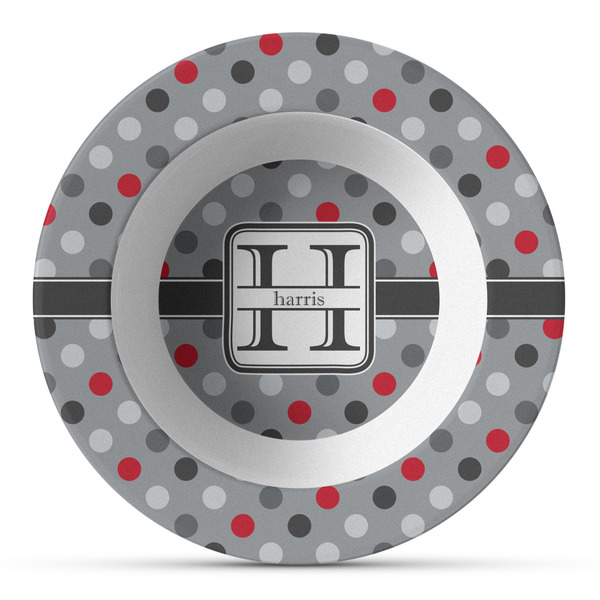 Custom Red & Gray Polka Dots Plastic Bowl - Microwave Safe - Composite Polymer (Personalized)