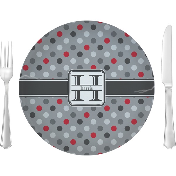 Custom Red & Gray Polka Dots 10" Glass Lunch / Dinner Plates - Single or Set (Personalized)