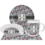 Red & Gray Polka Dots Dinner Set - Single 4 Pc Setting w/ Name and Initial