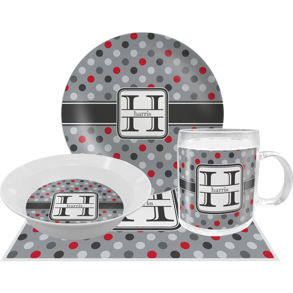 Custom Red & Gray Polka Dots Dinner Set - Single 4 Pc Setting w/ Name and Initial