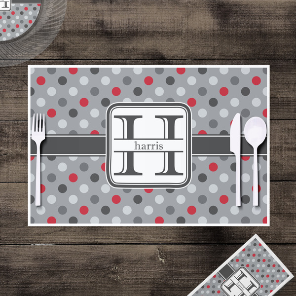 Red & Gray Polka Dots Disposable Paper Placemat - In Context