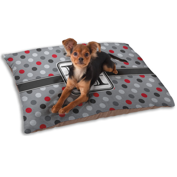 Custom Red & Gray Polka Dots Dog Bed - Small w/ Name and Initial