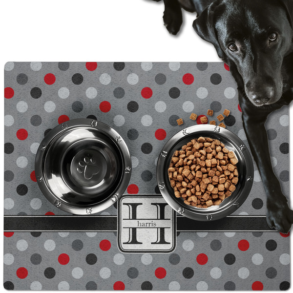 Custom Red & Gray Polka Dots Dog Food Mat - Large w/ Name and Initial