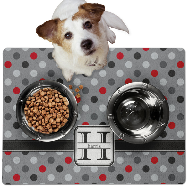 Custom Red & Gray Polka Dots Dog Food Mat - Medium w/ Name and Initial