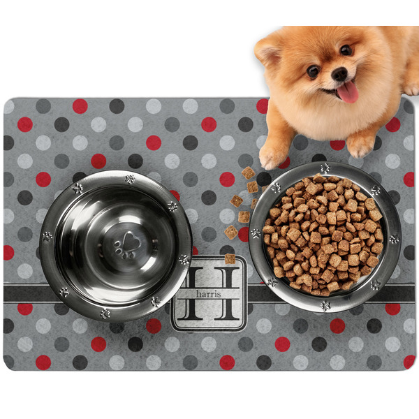 Custom Red & Gray Polka Dots Dog Food Mat - Small w/ Name and Initial