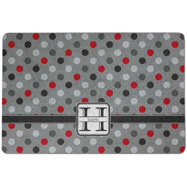 Custom Red & Gray Polka Dots Dog Food Mat w/ Name and Initial