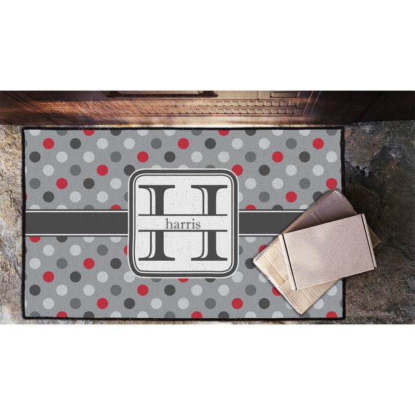 Red & Gray Polka Dots Door Mat - LIFESTYLE (Lrg)