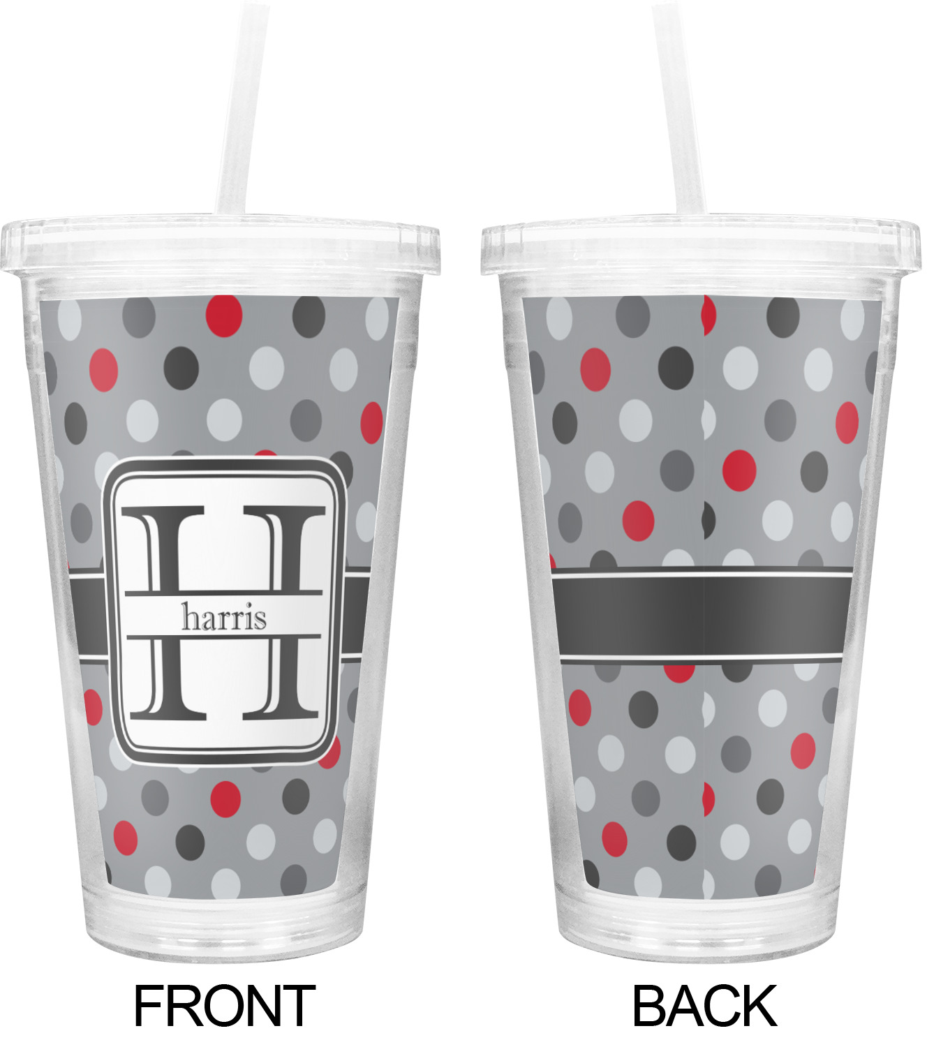 Red & Gray Polka Dots Double Wall Tumbler with Straw (Personalized