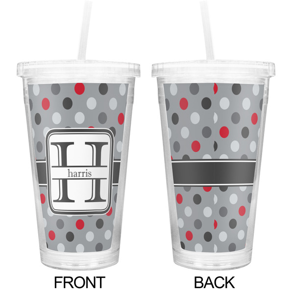 Red & Gray Polka Dots Double Wall Tumbler with Straw - Approval