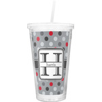 Red & Gray Polka Dots Double Wall Tumbler with Straw (Personalized)