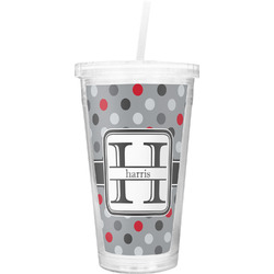 Red & Gray Polka Dots Double Wall Tumbler with Straw (Personalized)