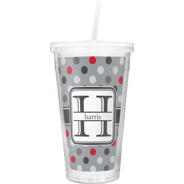 Custom Red & Gray Polka Dots Double Wall Tumbler with Straw (Personalized)