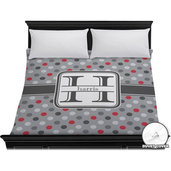 Custom Red & Gray Polka Dots Duvet Cover - King (Personalized)