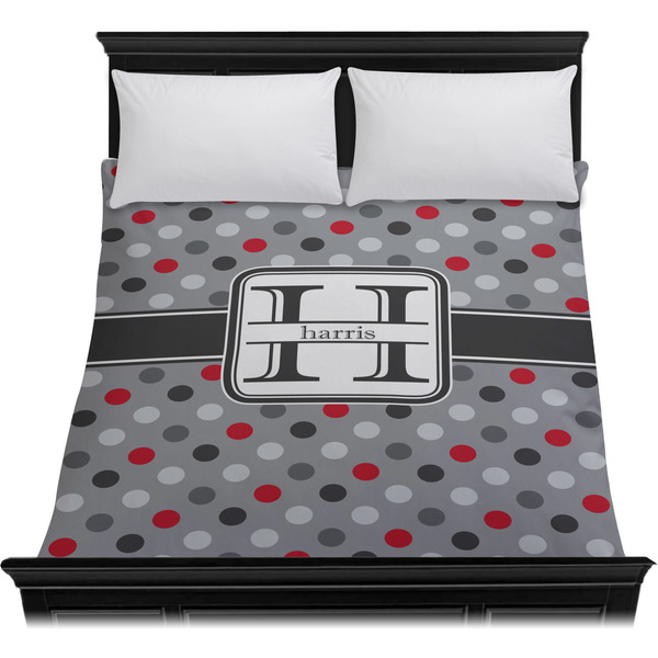 Red & Gray Polka Dots Duvet Cover - Queen - On Bed - No Prop