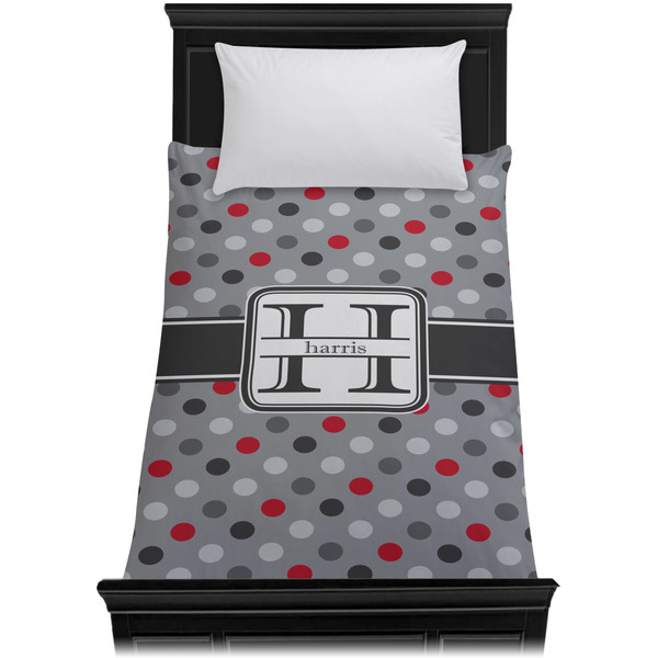 Red & Gray Polka Dots Duvet Cover - Twin - On Bed - No Prop