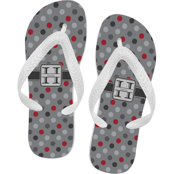 Custom Red & Gray Polka Dots Flip Flops - Large (Personalized)