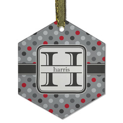 Red & Gray Polka Dots Flat Glass Ornament - Hexagon w/ Name and Initial