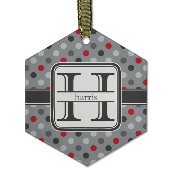 Custom Red & Gray Polka Dots Flat Glass Ornament - Hexagon w/ Name and Initial