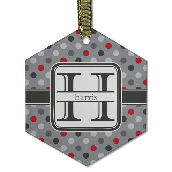 Red & Gray Polka Dots Frosted Glass Ornament - Hexagon